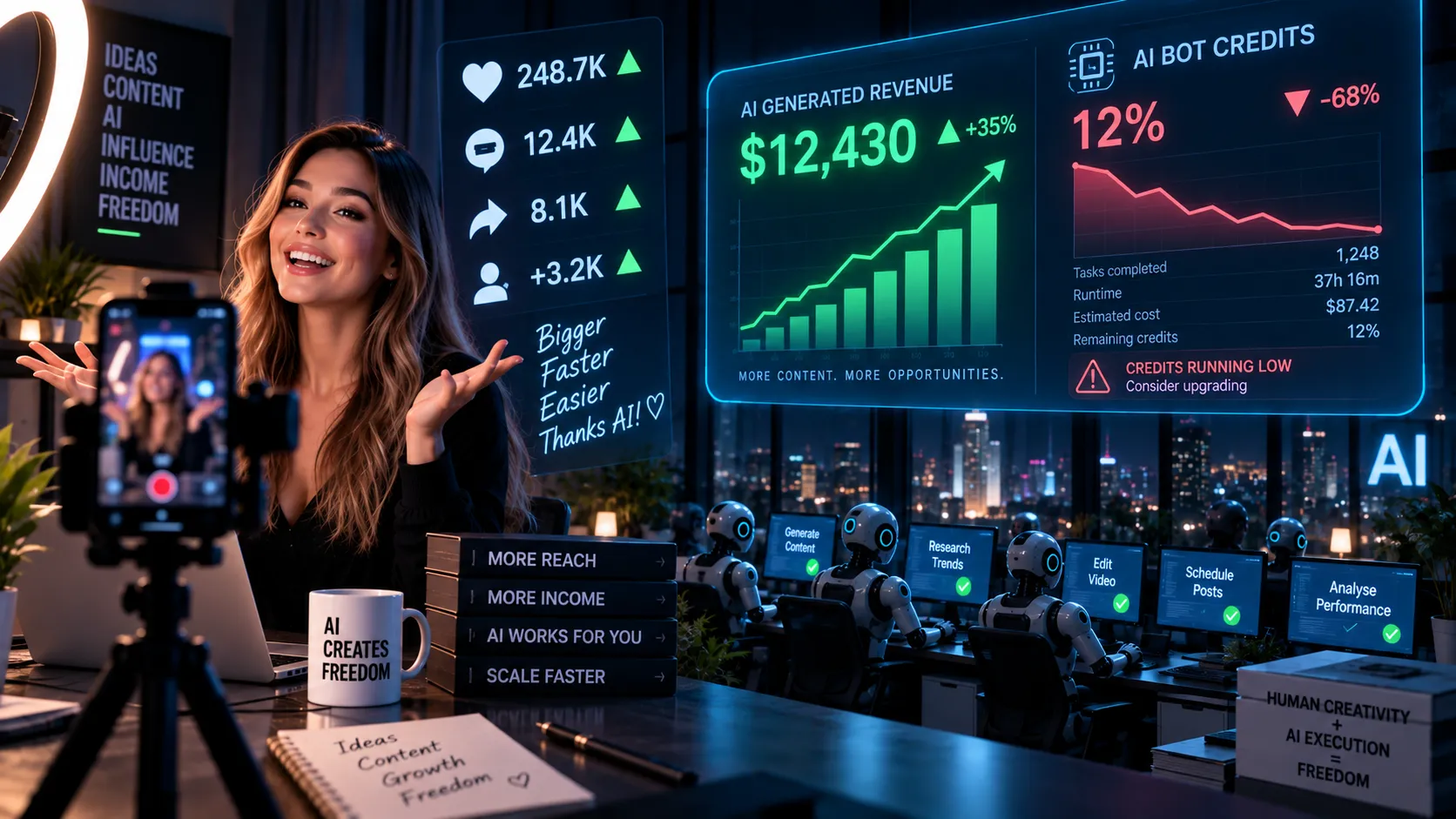 An influencer at a ring light, phone on a tripod, beaming at the camera with her hands open. Every number on the wall behind her points up in green — likes, comments, shares, followers, AI-generated revenue $12,430 and rising. A row of identical white robots sits at desks behind her, each screen ticked green — generate content, research trends, edit video, schedule posts, analyse performance. A mug on the desk reads AI creates freedom. In the top right corner, in coral, a panel nobody in the picture is looking at — AI bot credits 12%, down 68%, credits running low, consider upgrading.