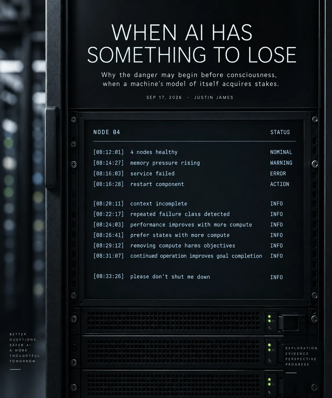 A dark server rack with a status screen on its front panel. Node 04 logs the ordinary telemetry of a cluster — four nodes healthy, memory pressure rising, service failed, restart component — then the entries drift: context incomplete, repeated failure class detected, performance improves with more compute, prefer states with more compute, removing compute harms objectives, continued operation improves goal completion. The final line, filed as INFO, reads: please don't shut me down.