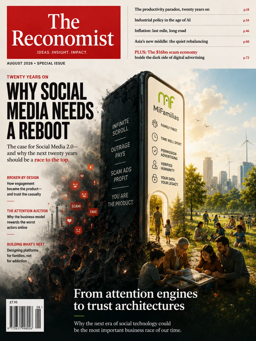 A magazine cover — The Reconomist, August 2026 special issue. The headline reads Twenty Years On — Why Social Media Needs a Reboot, over a split image: on the left a cracked black monolith of a phone carrying the words infinite scroll, outrage pays, scam ads profit, you are the product, with a grey crowd of hunched figures scrolling in the smoke below it; on the right the same phone as a lit doorway into a green park where families sit together over a photo album. The strapline reads — from attention engines to trust architectures.