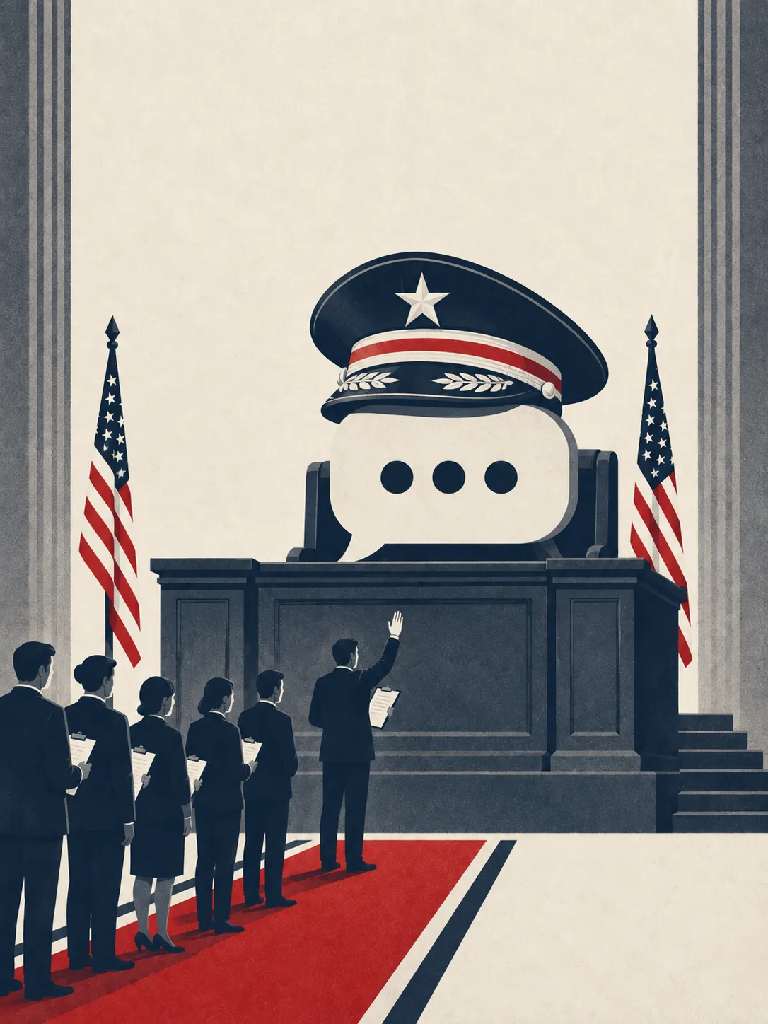 A giant chat bubble wearing a general's peaked cap sits on a plinth between two flags while a line of staff with clipboards wait to salute it.