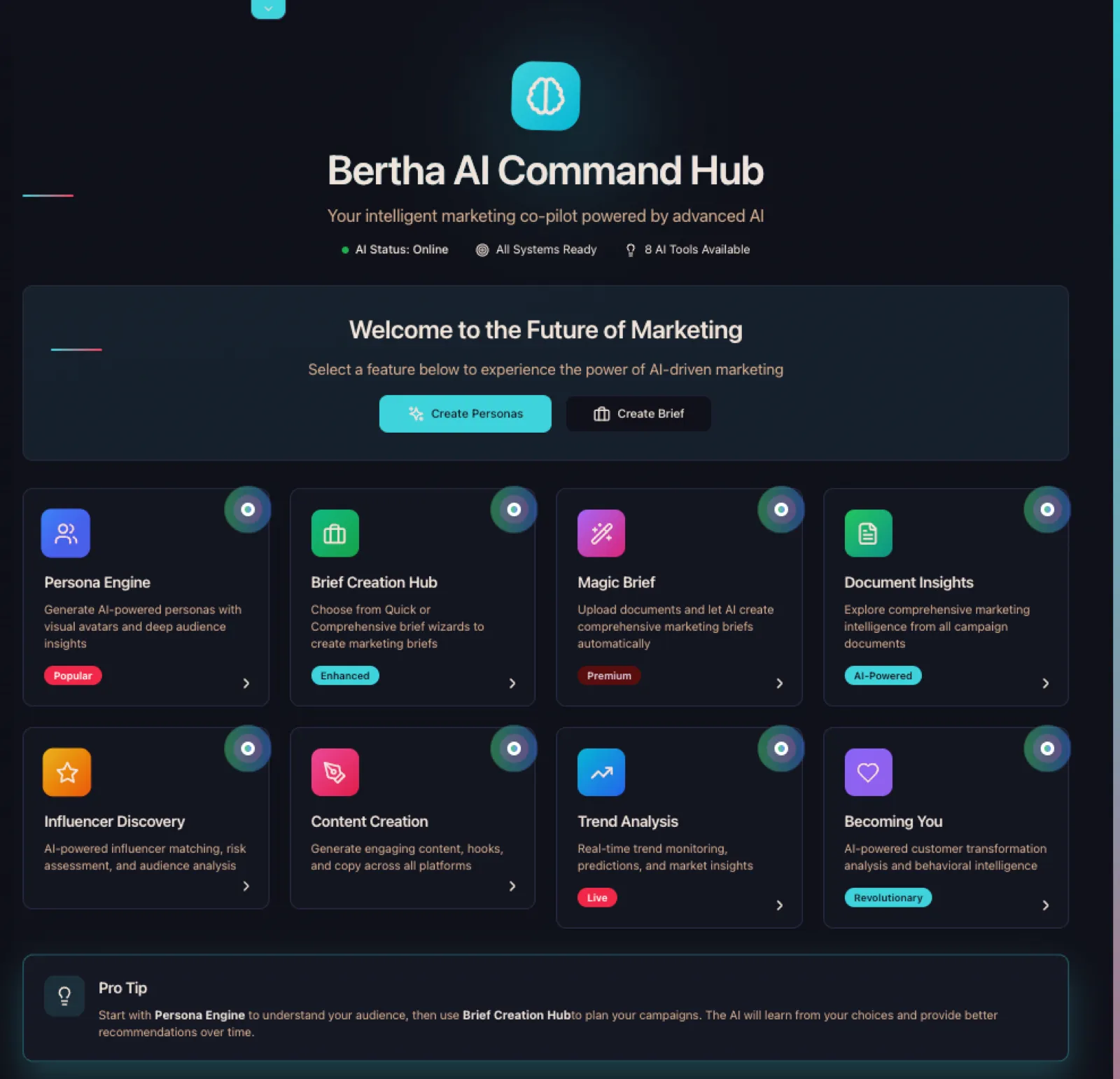 The Bertha AI Command Hub — the real, built product — a dark console offering Persona Engine, Brief Creation, Magic Brief, Trend Analysis and more; the marketing operating system as it actually shipped.