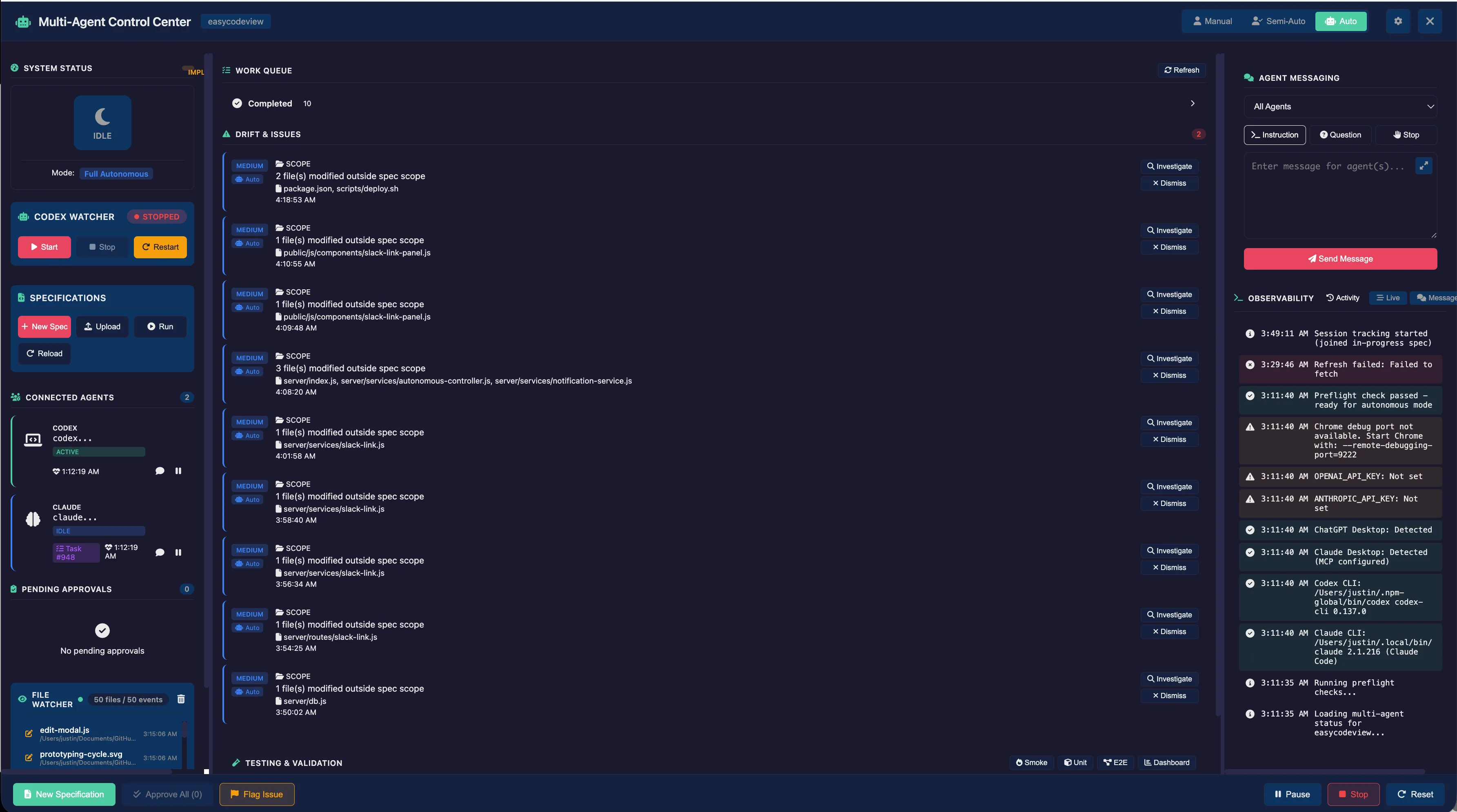 CodeEasy's Multi-Agent Control Center — a dark console showing a work queue, connected Codex and Claude agents, live observability, drift-and-issue detection and agent messaging: the command deck of an autonomous development lab.