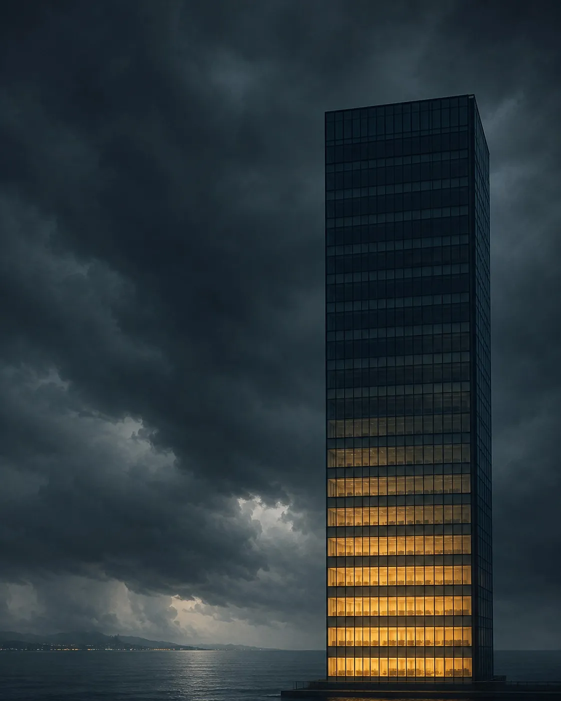 A single glass office tower against a bruised, storm-heavy sky over dark water. The lower dozen floors blaze warm gold; every floor above them is unlit — a stack of black windows rising into the cloud.