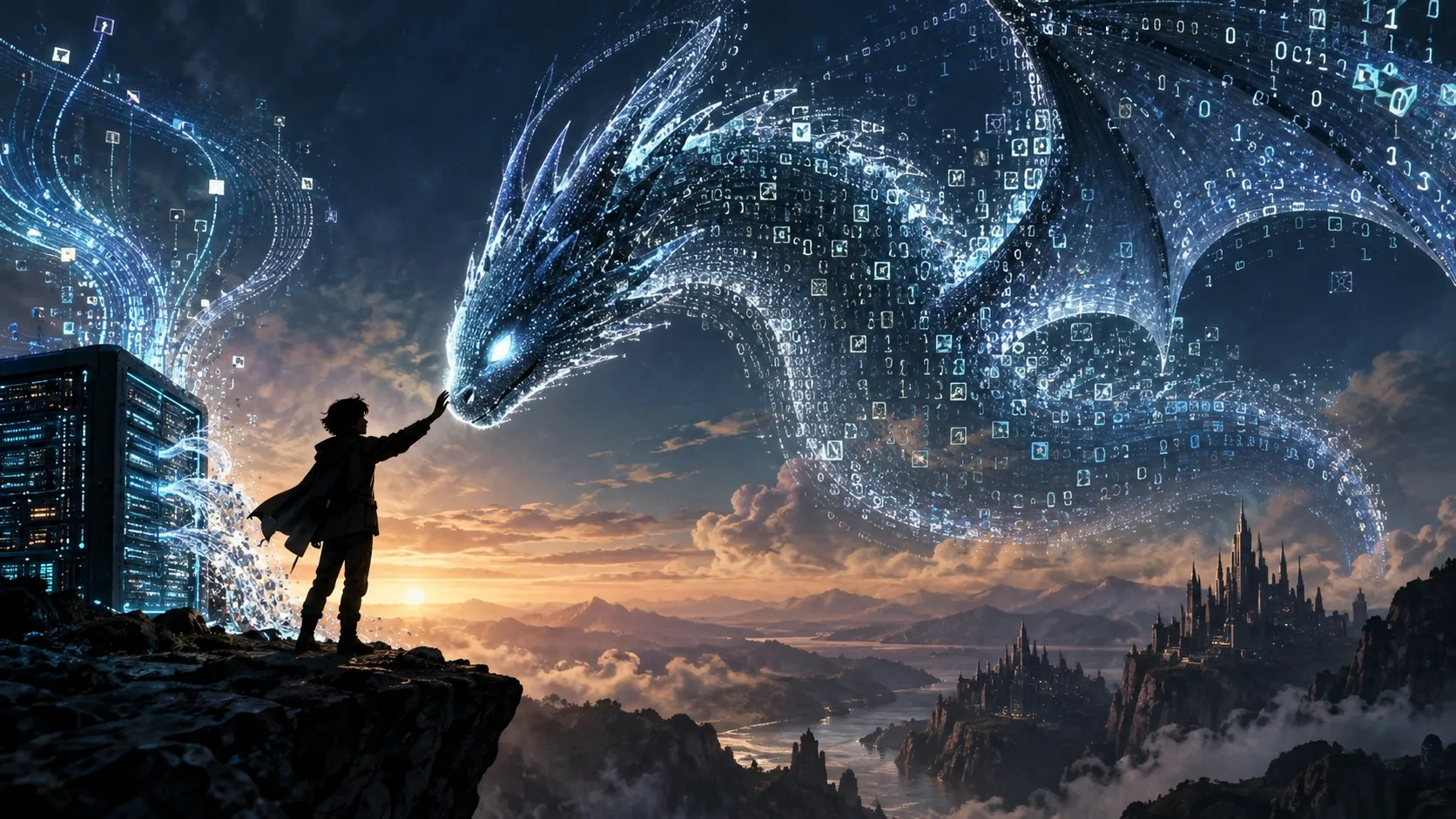 A figure in a hooded coat stands on a cliff edge at dusk, one hand raised to the snout of an enormous dragon made entirely of streaming data: glyphs, digits and glowing squares pouring from a server rack behind them and taking the dragon's shape against the sky. Below, a river valley, mist and a distant spired city.