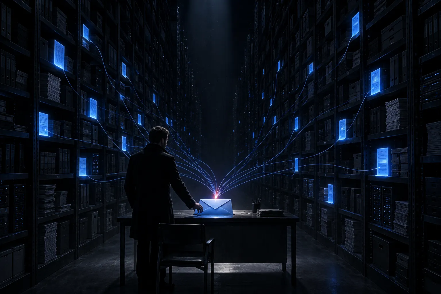 A vast dark archive at night, shelves of files, ledgers and server racks receding into blackness on both sides. A lone figure in a dark coat stands with his back to us at a small desk, one hand on a single open envelope. Of the thousands of documents on the shelves, only a few dozen glow electric blue, and thin luminous threads run from each of them across the dark and converge on the envelope, where they meet in a single hot coral spark. Everything else stays unlit.