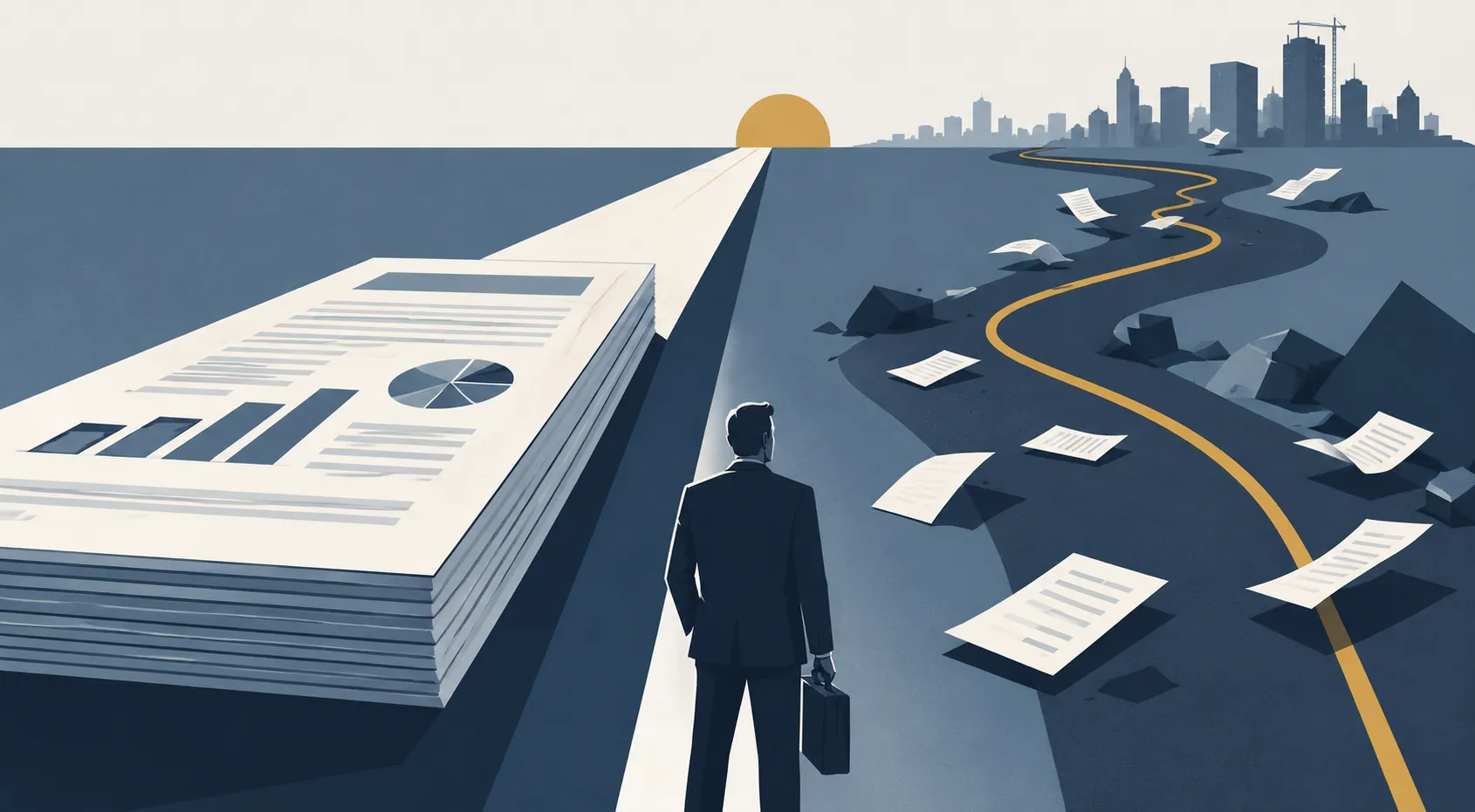 Two roads to the same city — the clean one paved with the plan, and the one the business actually took, scattered with the paperwork it left behind.