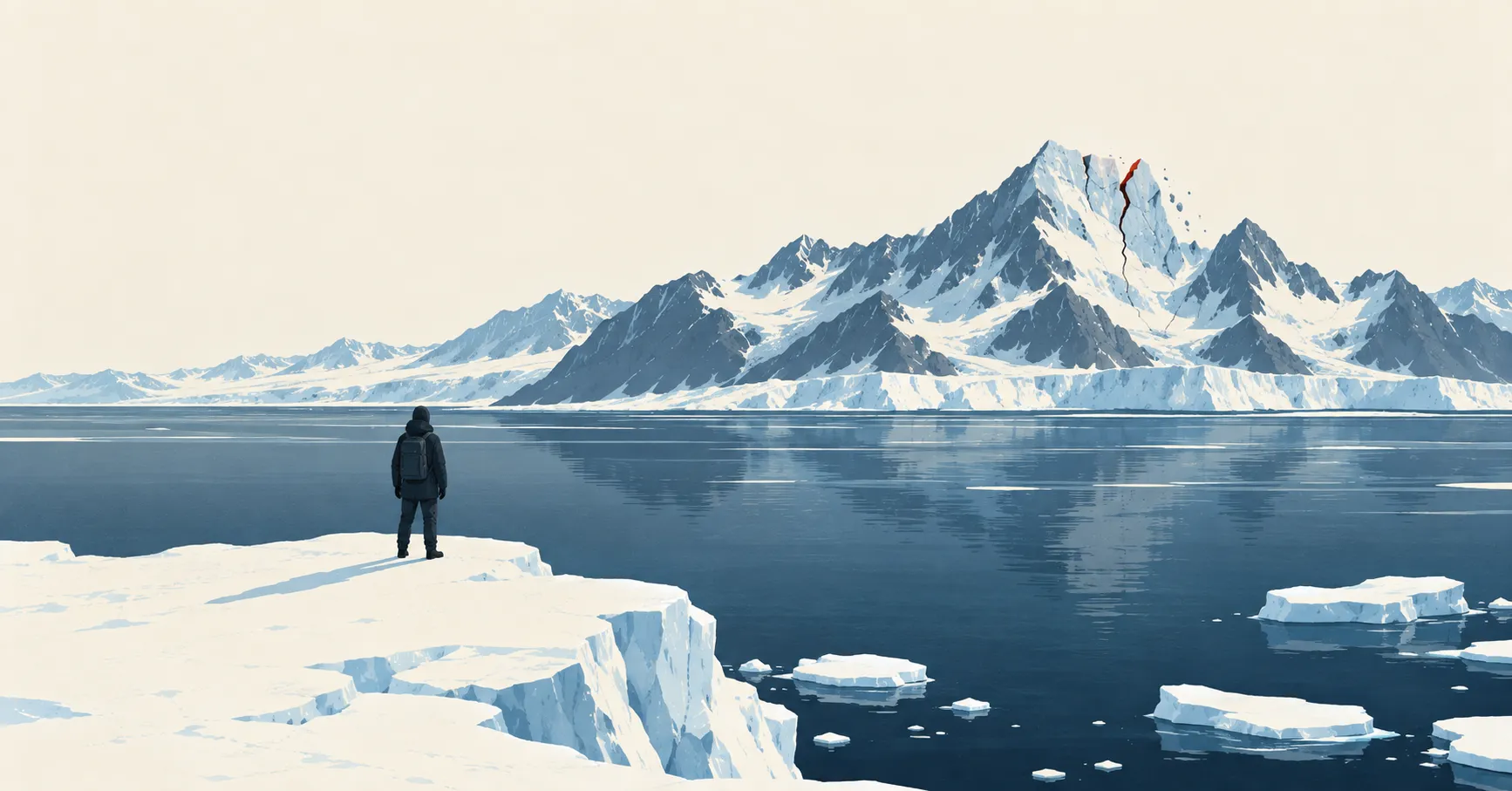 A figure on the ice edge, and a mountain with a crack in it.