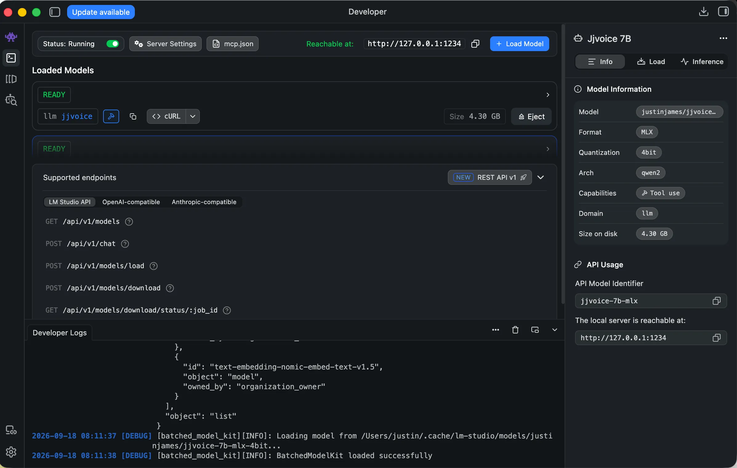 LM Studio's developer view with the model loaded: status running, reachable at http://127.0.0.1:1234, a loaded model called jjvoice at 4.30 GB, the supported OpenAI-compatible endpoints listed, and a side panel giving the model information: format MLX, quantisation 4-bit, architecture qwen2, API identifier jjvoice-7b-mlx.
