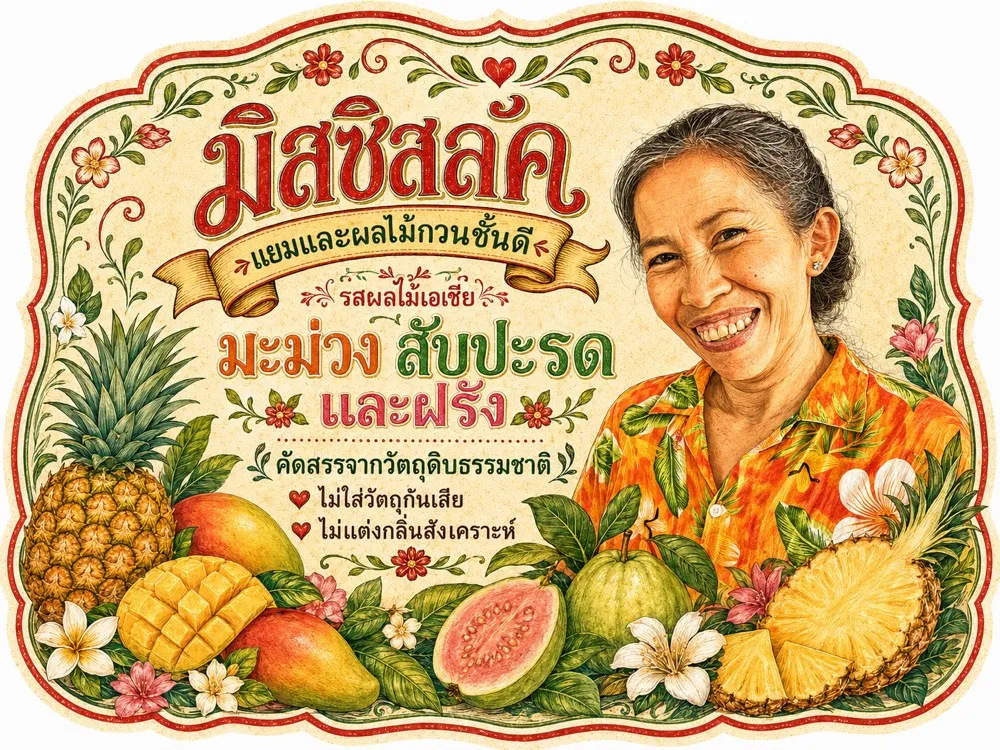 The Mrs Luck label: a hand-drawn Victorian-style frame of mango, pineapple, guava and frangipani, with her portrait at the right and her name in Thai across the top.