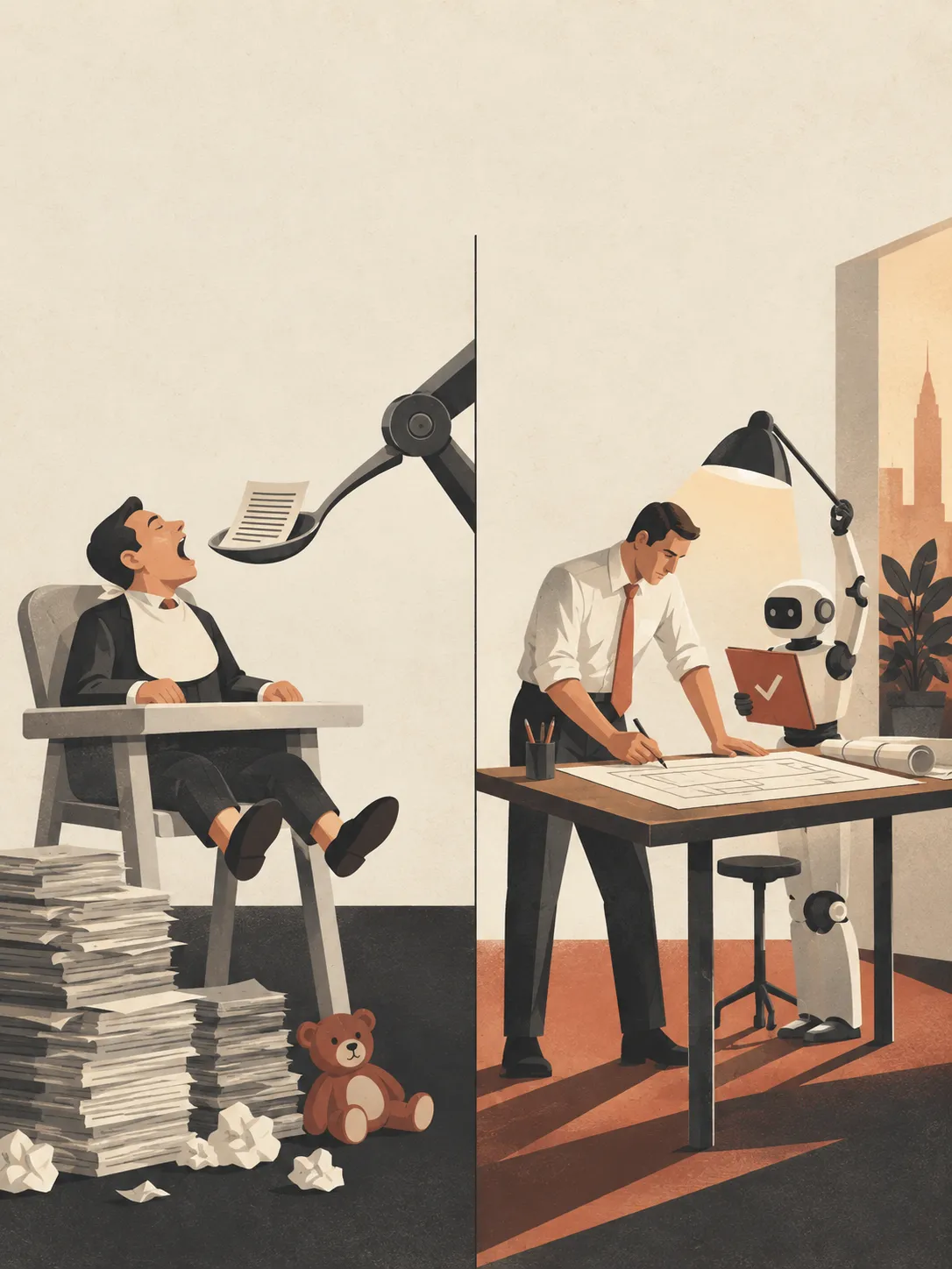 Split illustration. On the left, a man in a suit sits in a high chair with a bib, mouth open, as a robotic arm spoon-feeds him a document; crumpled papers and a teddy bear lie at his feet. On the right, the same man stands at a drawing board working under a lamp while a small robot holds up a clipboard with a tick on it.