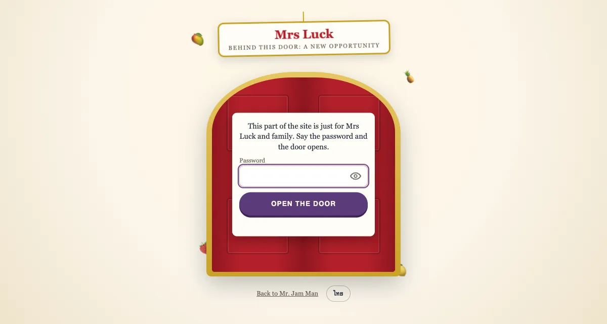 The Mrs Luck front door: a red double door in a gold frame under a hanging sign reading "Behind this door: a new opportunity", with a password box and a button marked "Open the door".
