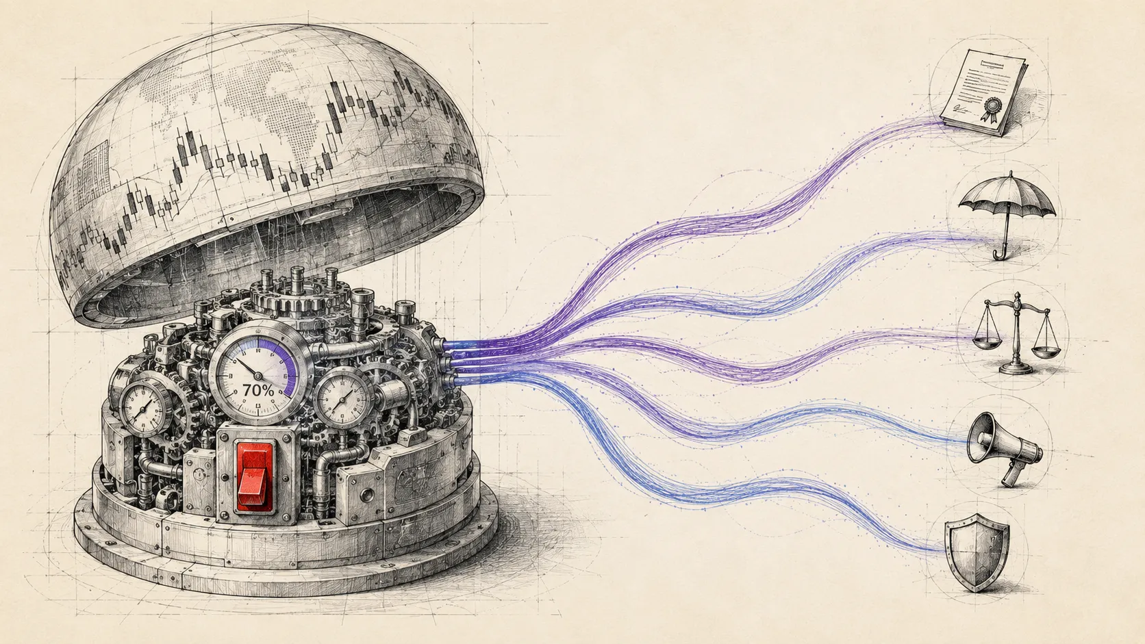 A technical-drawing style illustration — a market dome, etched with candlestick charts and a world map, lifted like a lid off an intricate brass engine beneath it. The engine carries a large gauge reading 70% and a red kill switch. Streams of blue and violet signal flow out of it to five circled destinations — a signed tender document, an umbrella, the scales of justice, a megaphone and a security shield.