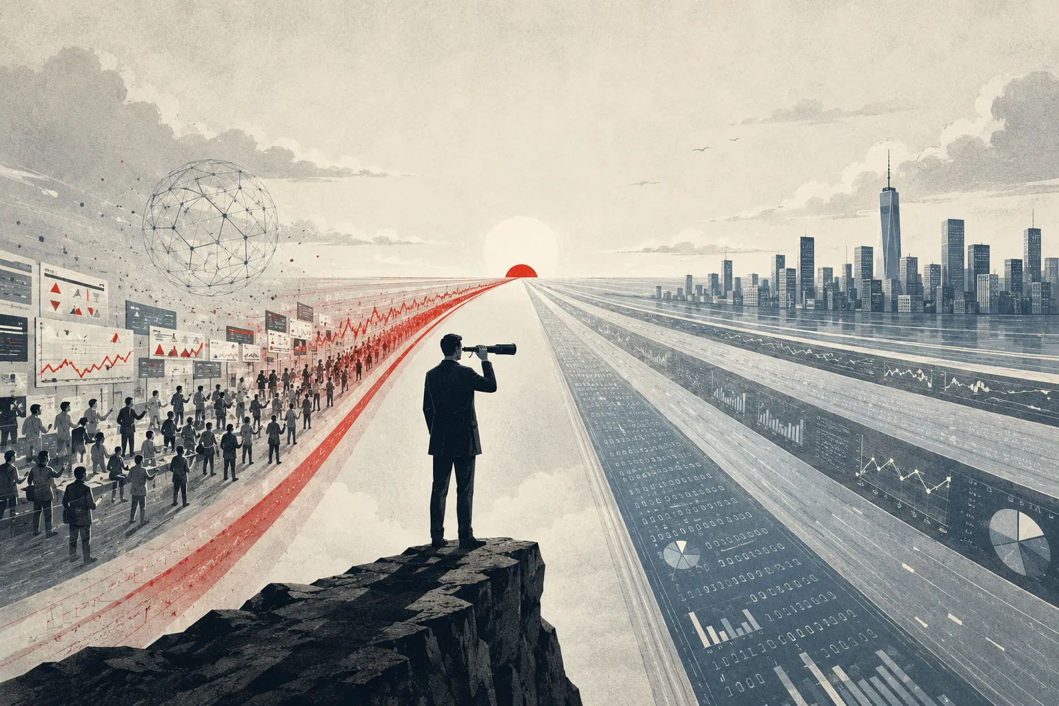 A lone figure on a rocky outcrop, telescope raised to a red sun on the horizon. To the left, a crowd of people trading beneath red charts — the crowd's conviction. To the right, vast highways of data, binary and graphs running to a distant city skyline.