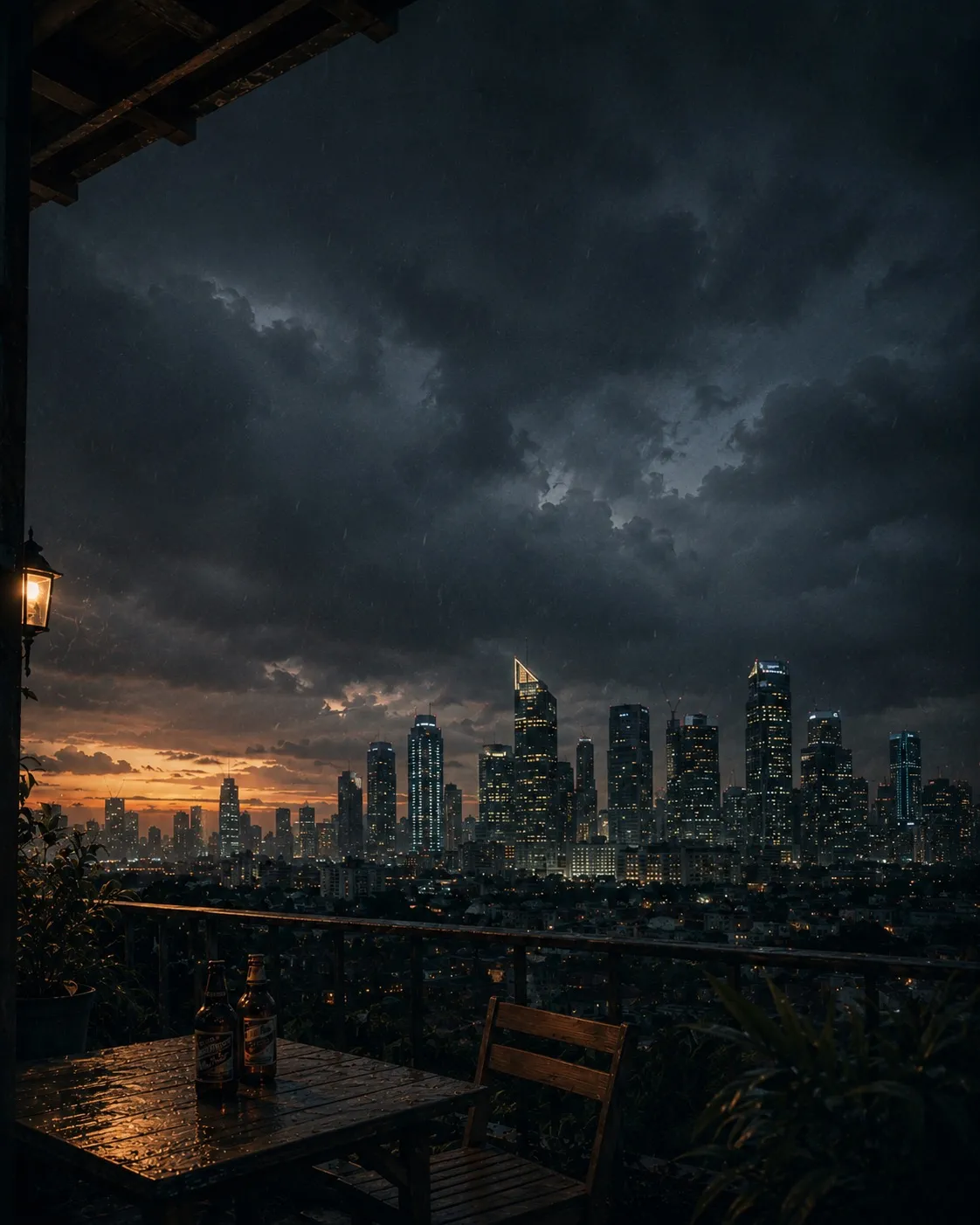 A wooden veranda at dusk overlooking the Manila skyline. Two beer bottles stand on a rain-slicked table, a lantern glows at the left, and a heavy storm front rolls in above the towers as the last orange light drains out of the horizon.
