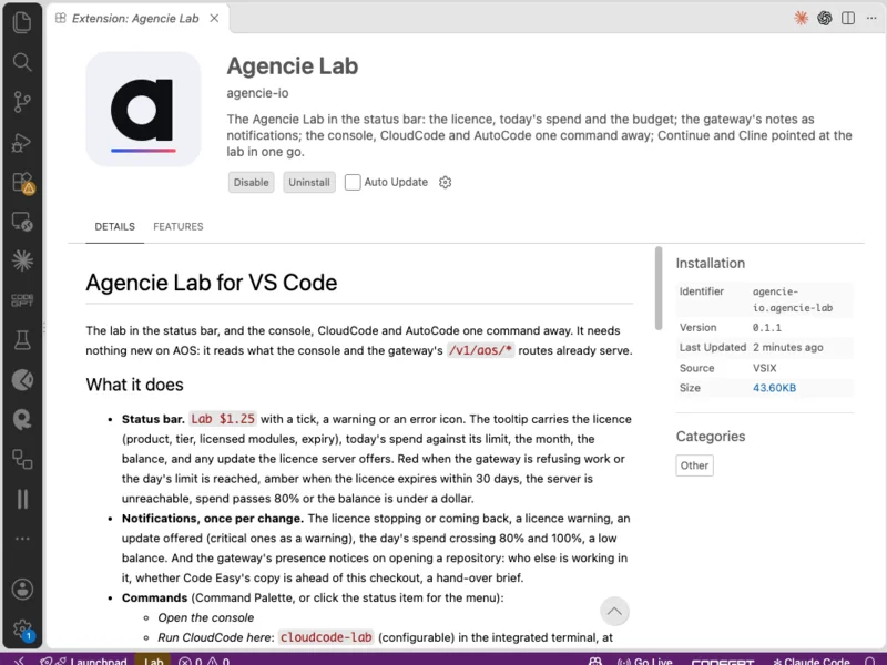 The Agencie Lab extension in VS Code